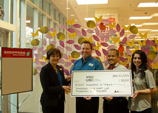 Pictured left to right: Patricia St. Laurent, associate director, annual giving, VGH & UBC Hospital Foundation; Ken Beaulieu, store manager, Shoppers Drug Mart; and staff members Joel Salongo and Puja Wong.