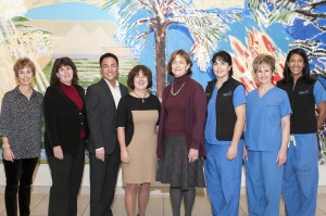 The VGH team responsible for the photodisinfection trial. From left to right: Shelagh Weatherill, Nurse Consultant, Shelley Errico, Patient Service Manager, VGH Perioperative Care Unit; Dr. Titus Wong, Medical Microbiologist; Dr. Elizabeth Bryce, Regional Medical Director, Infection Control; Dr. Diane Roscoe, Regional Division Head, Microbiology; Kelly Barr, Patient Care Co-ordinator; Dawn Breedveld, Clinical Educator; Lori, Haas, LPN. 
