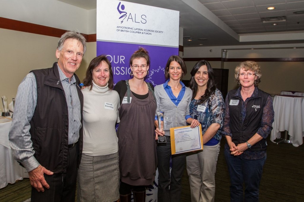 GF Strong’s ALS Team accept the ALSBC’s Leadership Development Award at the Quilchena Golf and Country Club (l to r): Phil Dubois, president of the ALS Society of BC; Dr. Hannah Briemberg, ALS Team neurologist; Brigitte Poirier, ALS Team speech language pathologist; Gwyn Moe, ALS Team physiotherapist; Nancy Forseth, ALS Team occupational therapist; and Donna Bartel, chairperson of Team ALS BC & Yukon.