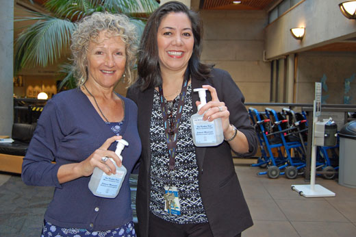 Hand hygiene ambassadors Micheline Gautheir (left) and Monica McAlduff at VGH JPP main entrance.