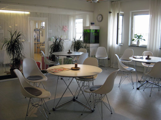 Make yourself at home: A typical — and very stylish and comfortable — waiting room in a Swedish primary care clinic. 